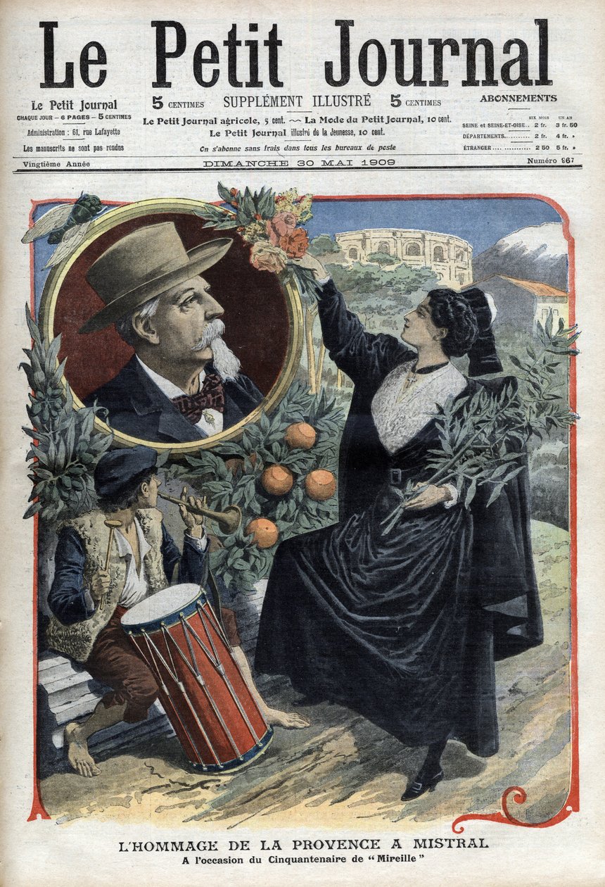 Homenagem da Provença a Frederic Mistral, por ocasião do cinquentenário de "Mireille" (1859) In "Le Petit Journal", Maio de 1909 (gravura) de French School