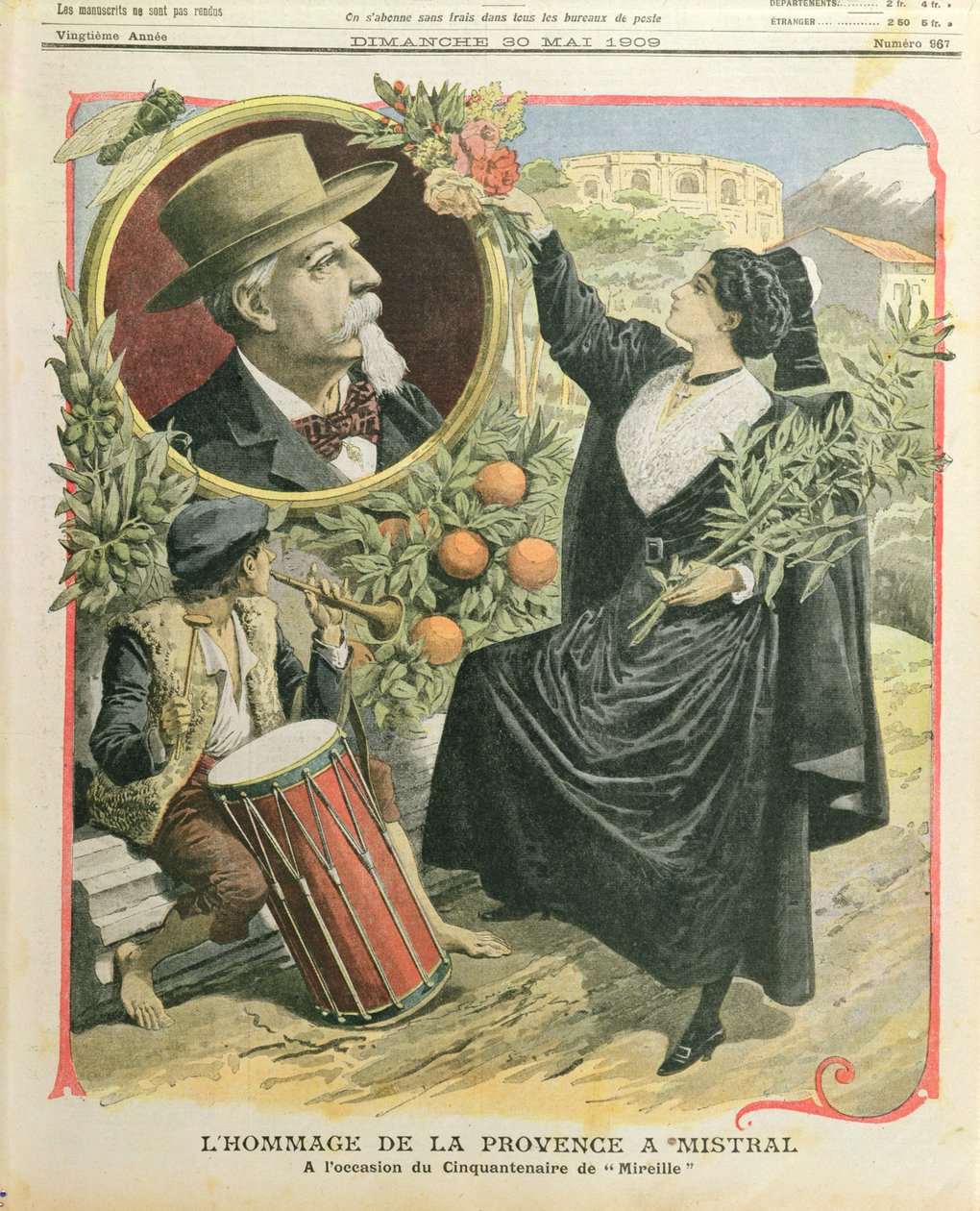 Homenagem a Frederic Mistral (1830-1914) no cinquentenário da publicação de Mireille, ilustração do Le Petit Journal, 30 de maio de 1909 de French School