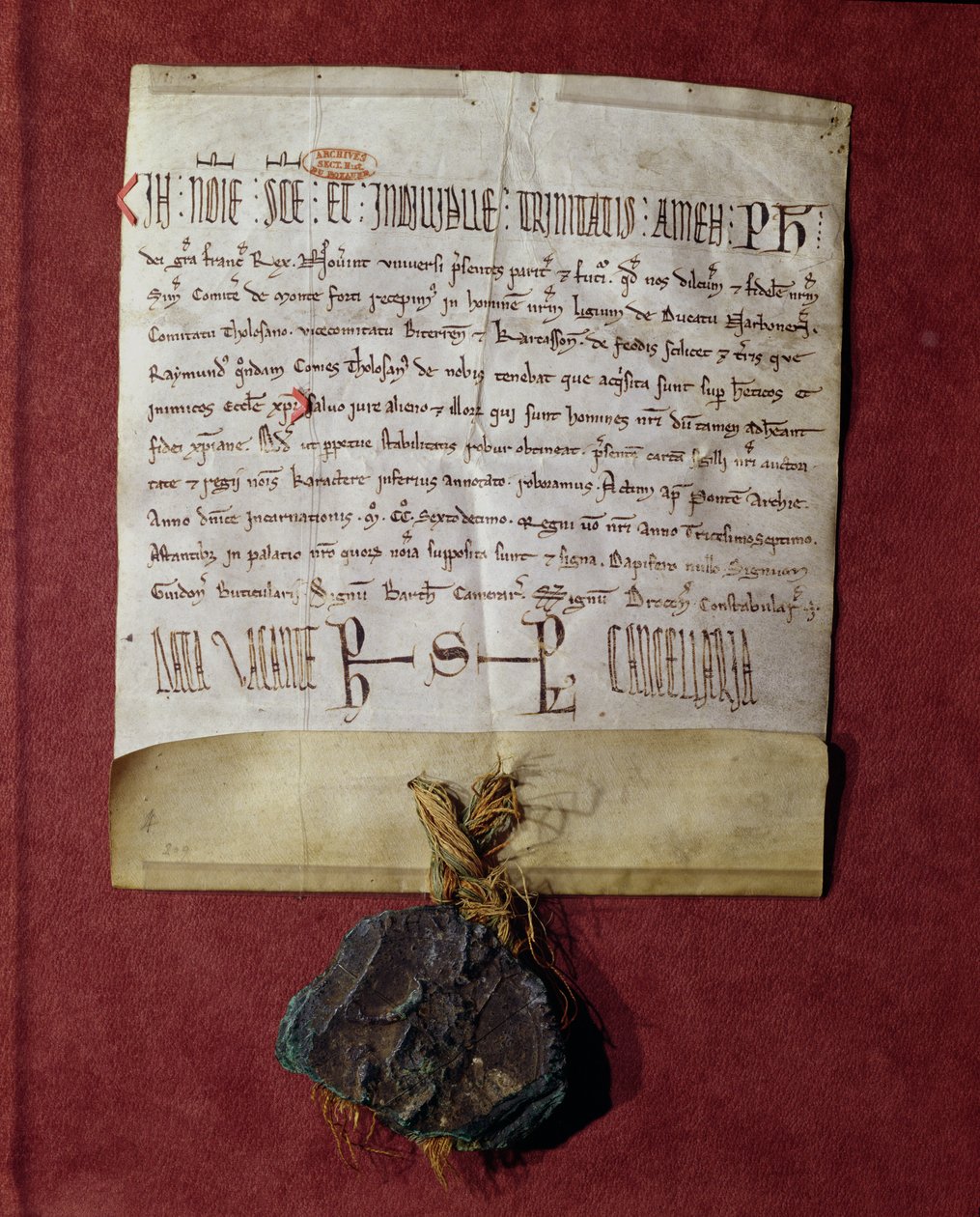 Homenagem ao rei Filipe II (1165-1223) de Simon de Montfort (c.1160-1218) pelos territórios confiscados de Raymond VI (1197-1249) c.1216 de French School