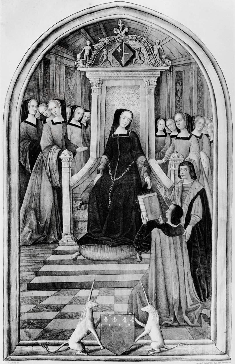 Homenagem a Louise de Sabóia (1476-1531) em Amiens em 1518, de &39;Les Chants Royaux&39;, gravada por A.Godard de French School