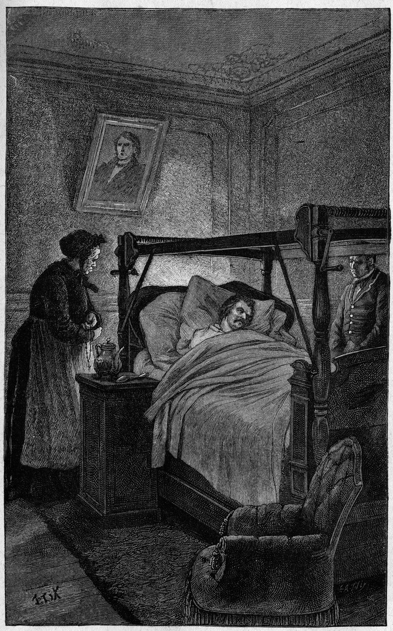Honore de Balzac (1799-1850), um escritor francês, no seu leito de morte em 1850. de French School