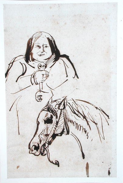 Honore de Balzac (1799-1850) e seu cavalo (caneta e tinta sobre papel) de French School