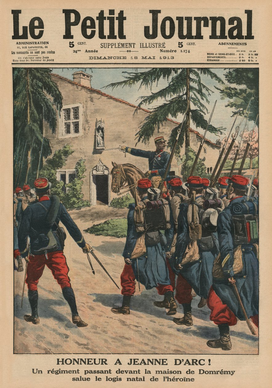 Honra a Joana d&39;Arc, um regimento que saudou o local de nascimento da heroína em Domremy, ilustração da capa do &39;Le Petit Journal&39;, suplemento ilustre, 18 de maio de 1913 de French School