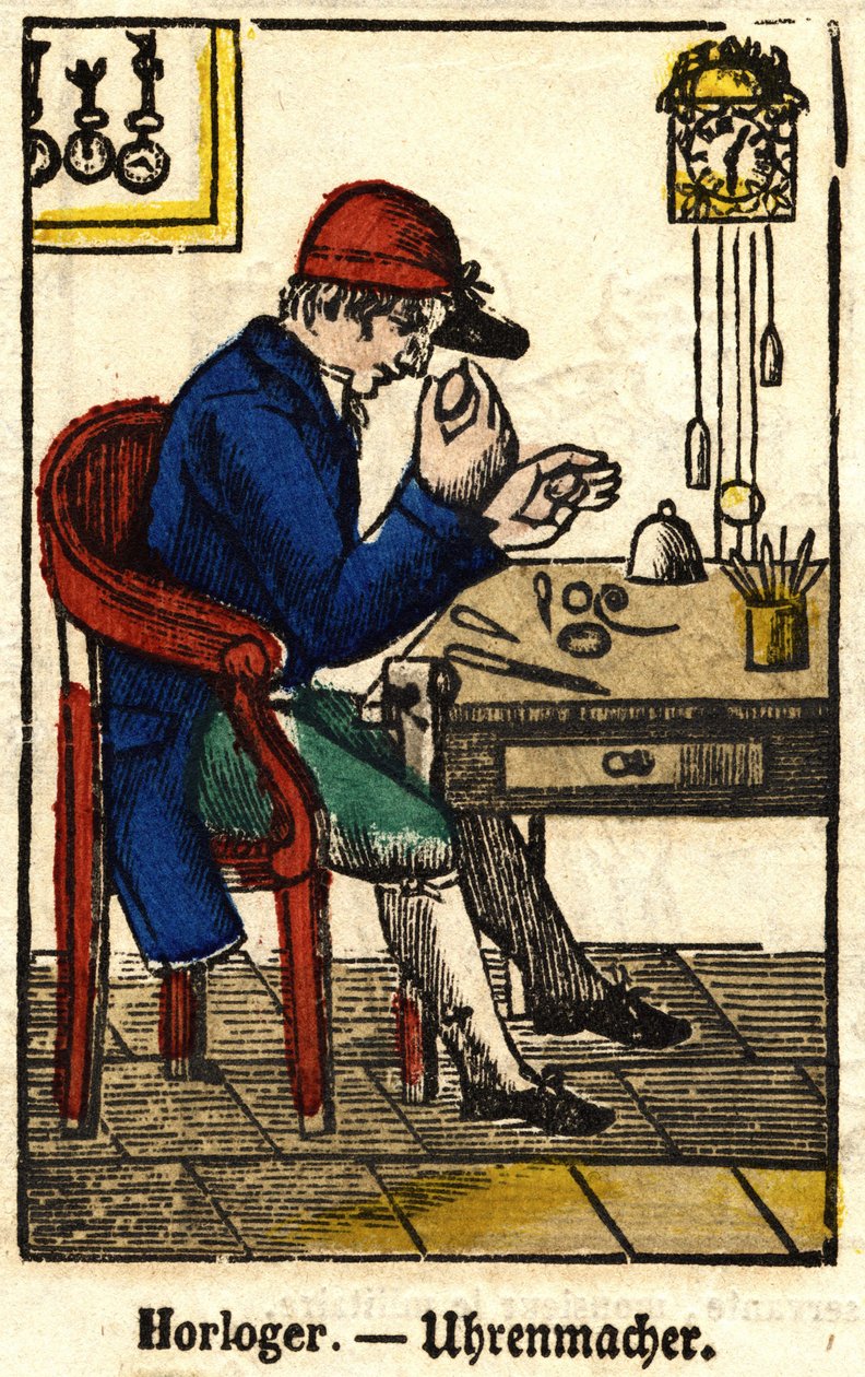 Horologista; Série sobre o artesanato de imagem de Epinal do século XIX. de French School