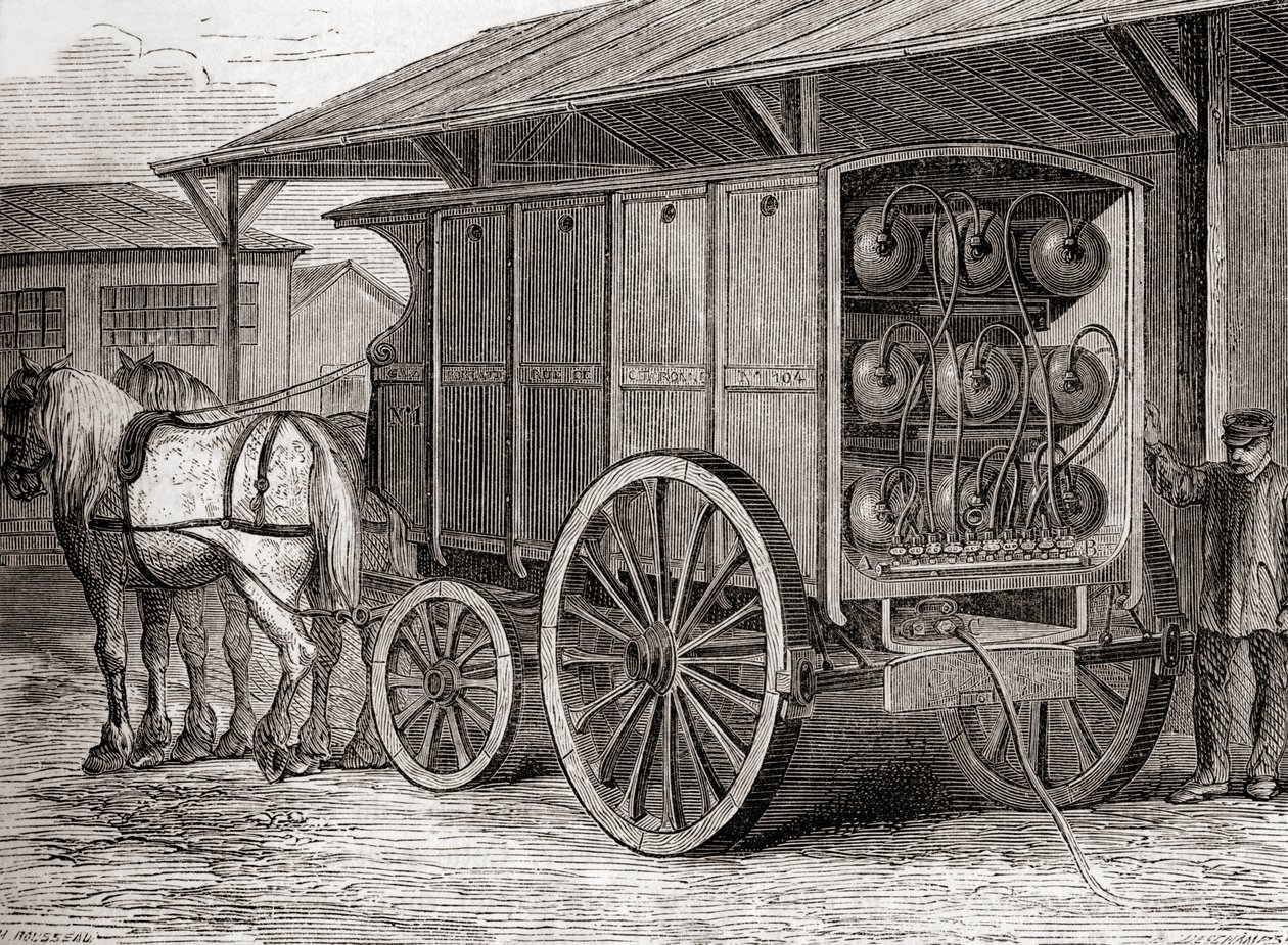 Veículo puxado a cavalo utilizado para transportar gás comprimido em recipientes portáteis no século XIX, de Les Merveilles de la Science, publicado c.1870 (gravura) de French School