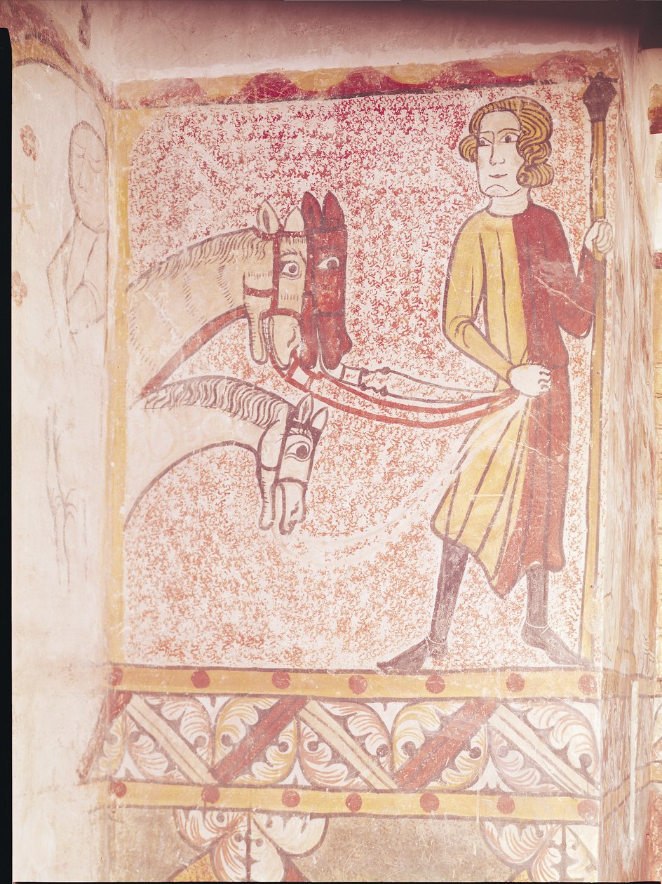 Cavaleiro segurando as rédeas de três cavalos, da parede norte, c.1265 de French School