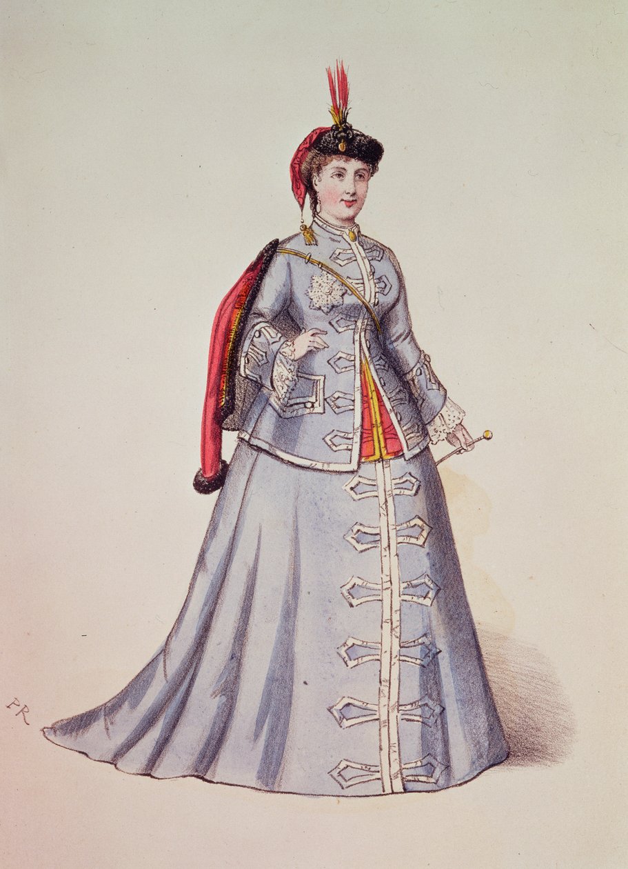 Hortense Schneider no papel-título da opereta de Offenbach "La Grand Duchesse de Gerolstein", ilustração de "Costumes des Theatres de Paris", 1867 de French School