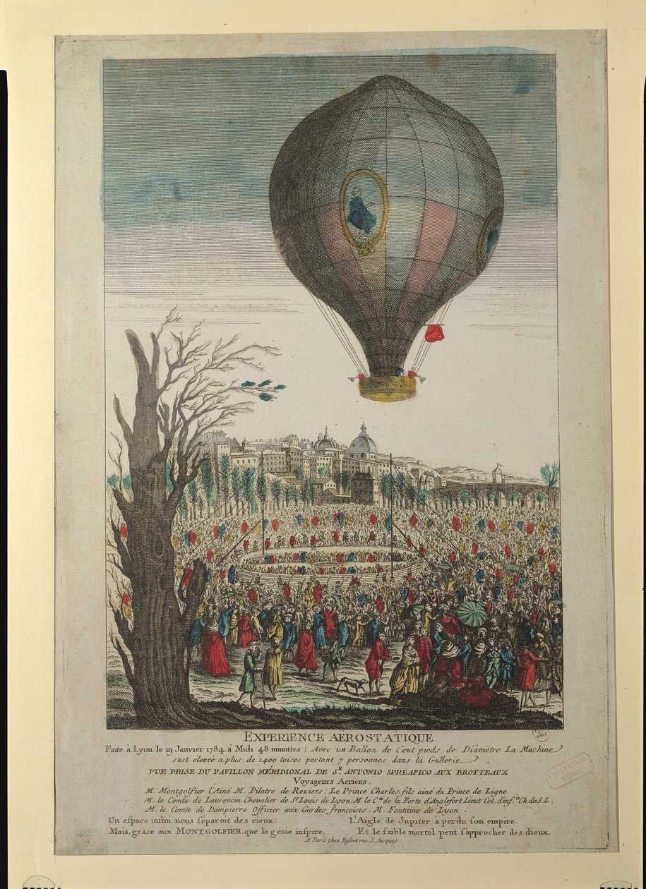 Experimento de Balão de Ar Quente pelos Irmãos Montgolfier e Francois Pilatre de Rozier (1754-85) em Lyon, em 19 de janeiro de 1784 de French School