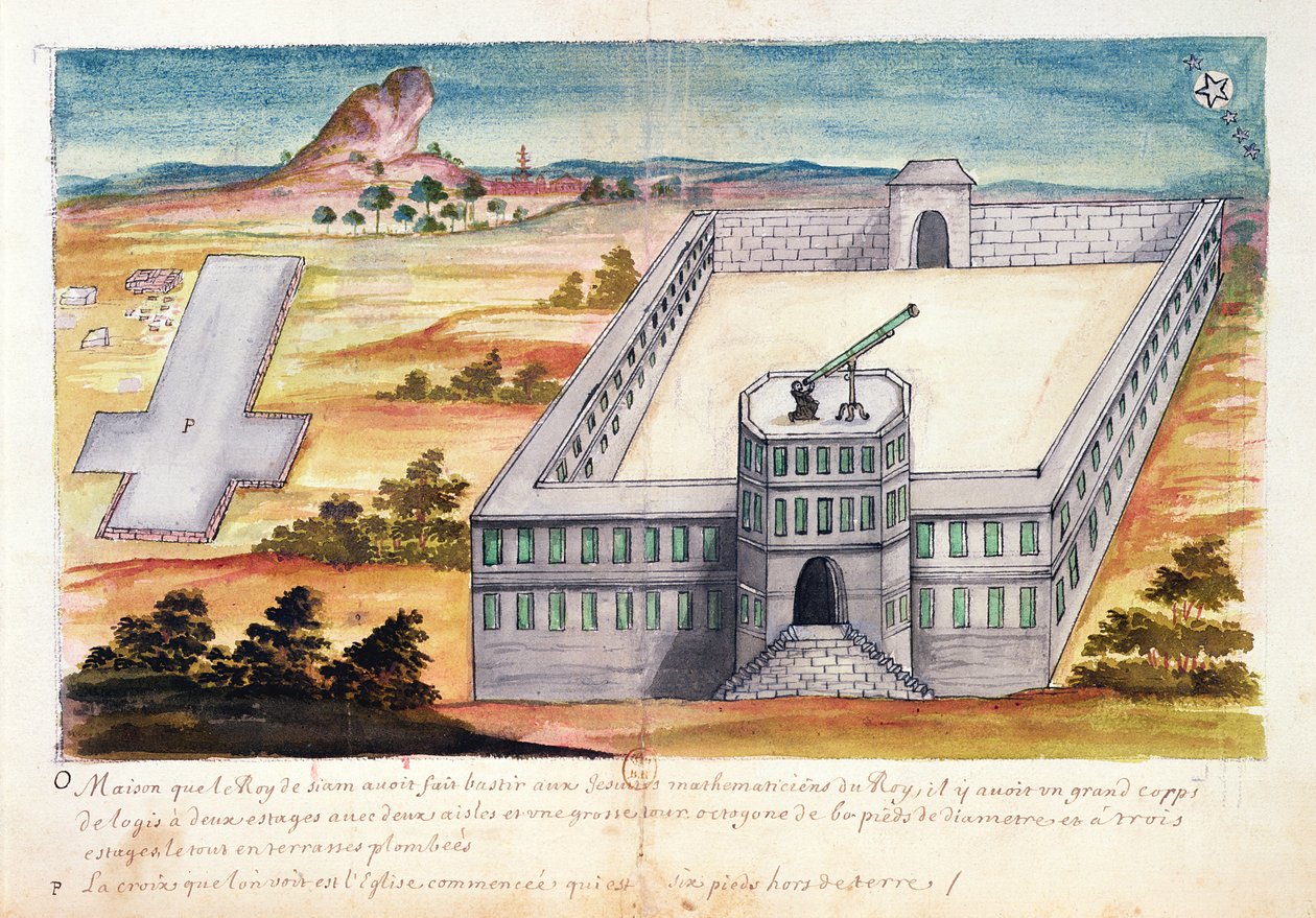 Casa e Observatório construído pelo rei do Sião para os matemáticos jesuítas, a partir de um relato dos jesuítas no Sião, 1688 (wc no papel) de French School