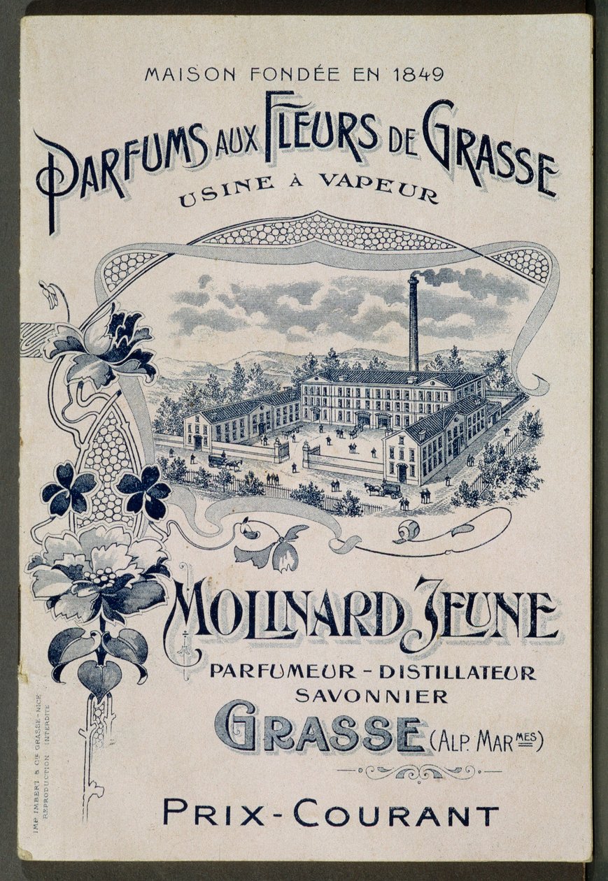 Casa fundada em 1849 - Fragrances aux Fleurs de Grasse - Fábrica a vapor: Molinard Jeune - Cartão publicitário apresentando a fábrica Molinard - gravura, início do século XX de French School