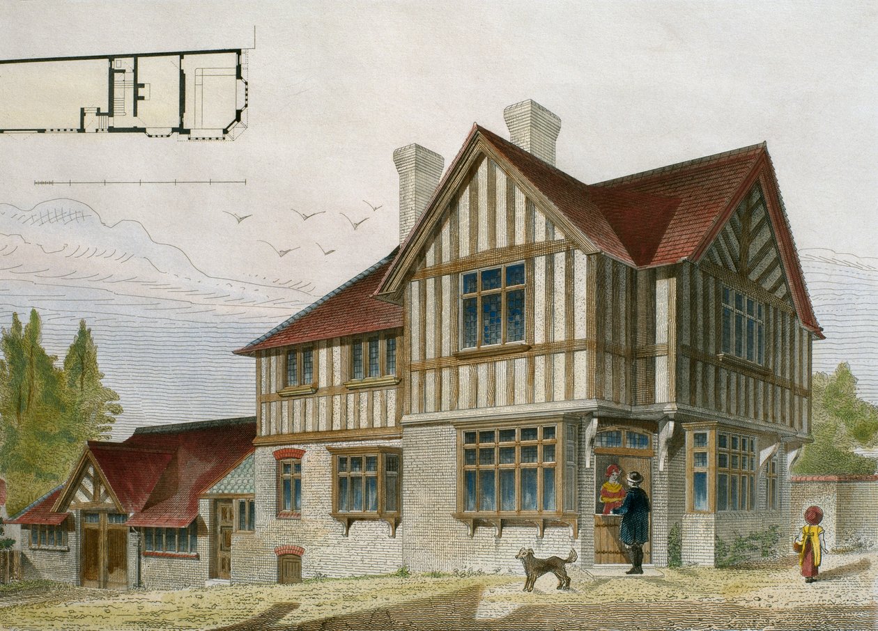 Casa de um pequeno lojista na área de Londres, ilustração de Le Moniteur des architectes, 1884, gravada por Paul Louis Bury (século XIX) (gravura a cores) de French School