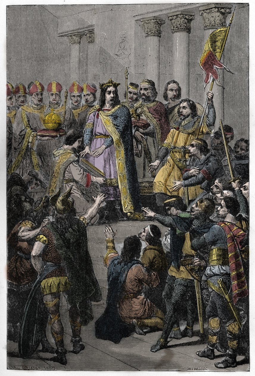 Hugh Capet eleito Rei - Coroação de Hugues Capet (ca. 941-996), Rei de França, 3 de julho de 987 em Noyon, por Adalberon (ca. 925-990), arquebactéria de Reims. de French School