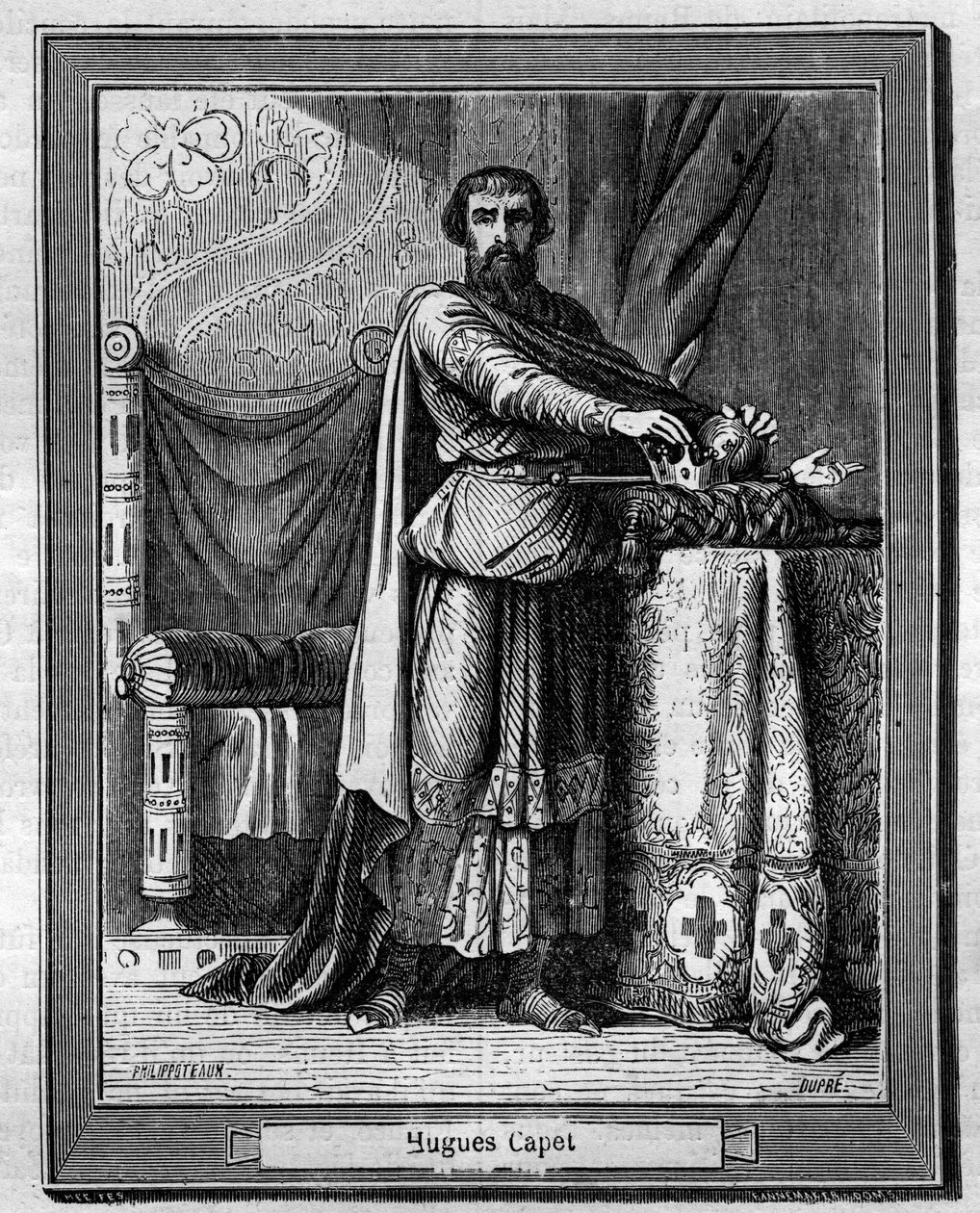 Hugues Capet (940-996) rei dos Francos (en bas) Gravação em "Histoire des papes-kings-queens-et-empereurs a travessa les centuries" por Maurice Lachatre de French School