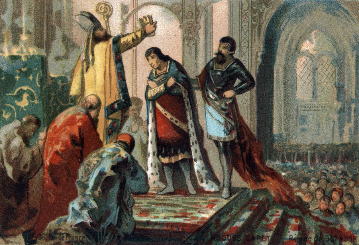 Hugues Capet, rei da França de 987 a 996, fez de seu filho, o futuro Robert II o Pio (972 - 1031), sagrado por Adalberon (cerca de 925-990), arquebactéria de Reims, à Cathedrale d