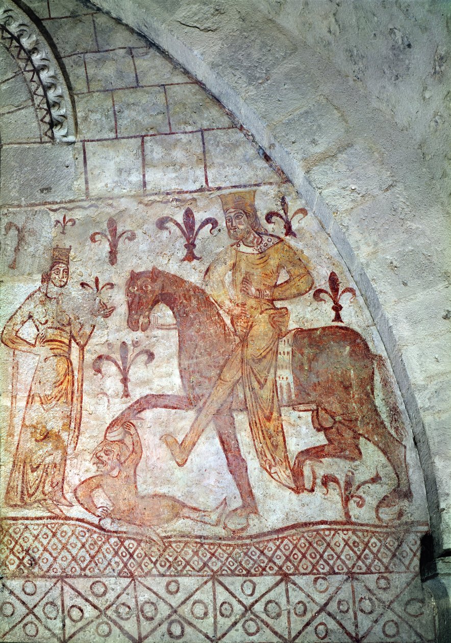 Hugues IX (c.1163-1219) Lusignan derrotando Nur al-Din (1116-74) na Síria (pintura mural) de French School