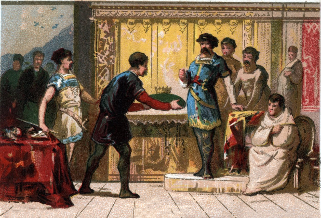 Hugues o Grande (897-956) coroa Raoul ou Rodolphe de Borgonha (cerca de 890 - 936), Duque de Borgonha e Rei de França. Cromolitografia do final do século XIX. de French School
