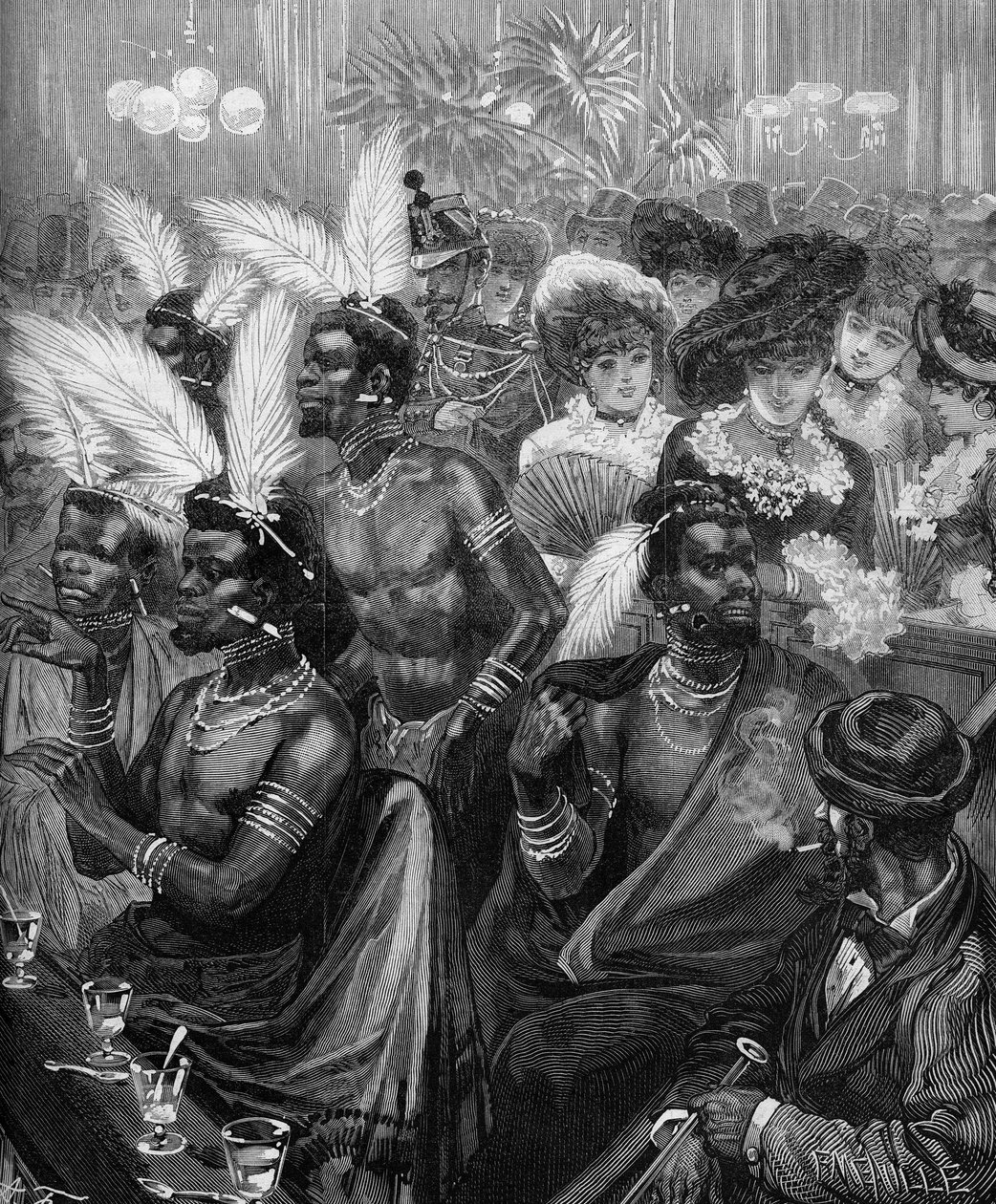 Jardim Zoológico Humano: Guerreiros Zulu expuseram num alojamento no Cabaret des Folies Bergeres (Folies-Bergeres), em Paris, em 1879. Gravura no "Le Monde Illustré" n°1178 de 21 de Novembro de 1879. de French School
