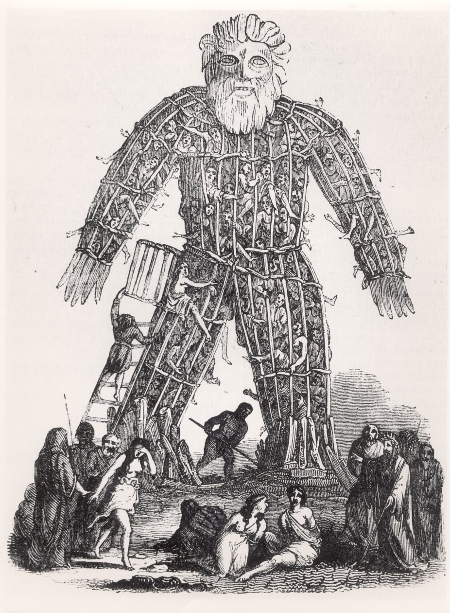 Sacrifício Humano por Druidas Gauleses em um Homem de Vime, de Magasin Pittoresque, 1833 de French School