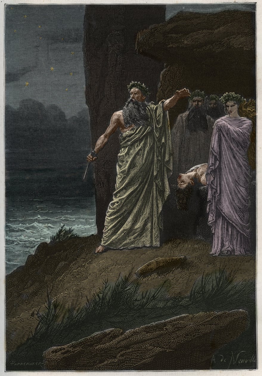 O sacrifício humano pelo druida depois de Alphonse de Neuville - Druidas oferecendo sacrifícios humanos - gravura de "L