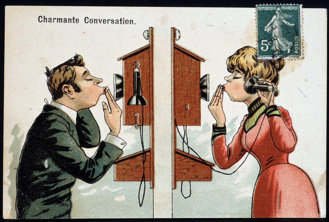 Um postal humorístico ao telefone, Deb. Século 20 @Selva/Leemage de French School