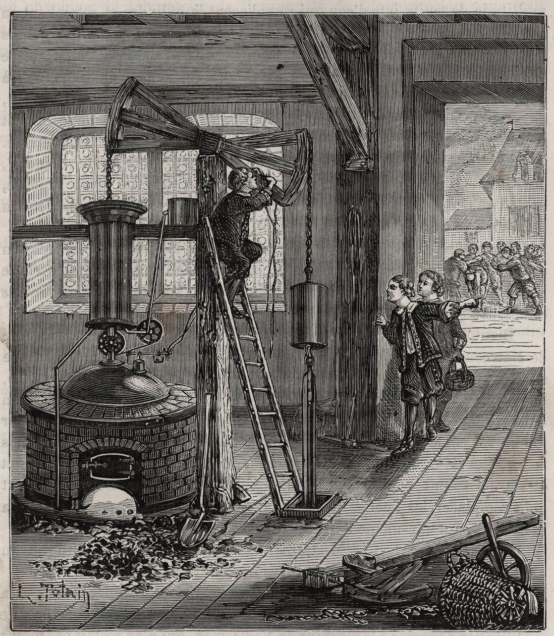 Humphrey Potter, encarregado de abrir e fechar as válvulas da máquina de Thomas Newcomen, fê-lo funcionar sem assistência, colocando correctamente cordas e butees para abrir e fechar as válvulas. de French School
