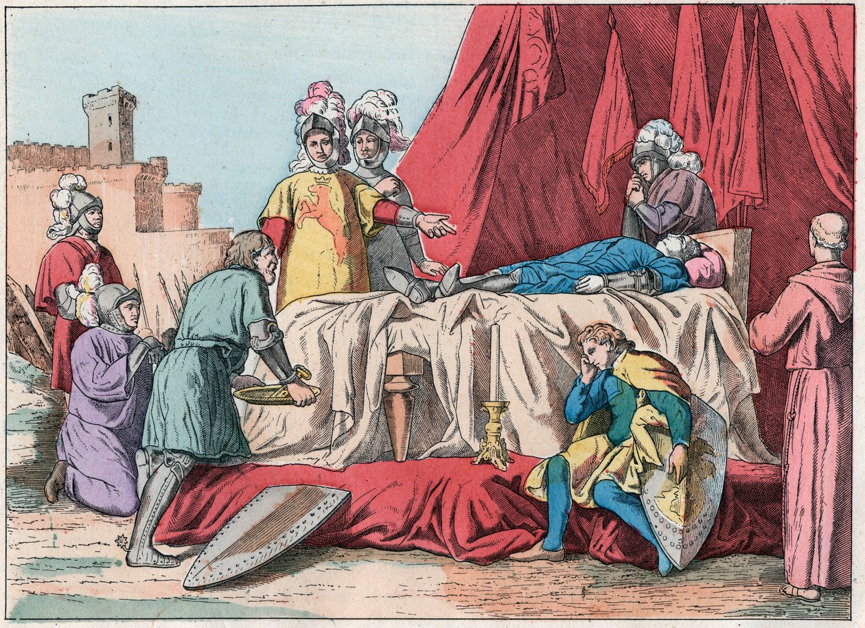 Guerra dos Cem Anos: "La mort de Bernard du Guesclin (1320-1380) devant Chateauneuf de Randon le 13/07/1380" - Morte de Duguesclin (durante o cerco de Chateauneuf-de-Randon em 13 de Julho de 1380) - Gravura do final do século XIX em "Nos Gires de French School