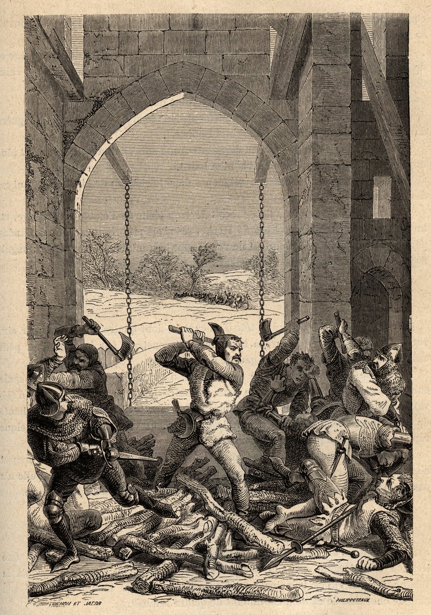 Guerra dos Cem Anos: "La prise du Chateau de Grand Fougeray de Bertrand Du Guesclin (1320-1380) en 1356, Grand-Fougeray, Ille et Vilaine" (em 1356 durante o cerco de Rennes pelos ingleses como parte dos cem anos de guerra bertrand duguesclin vestidos de French School