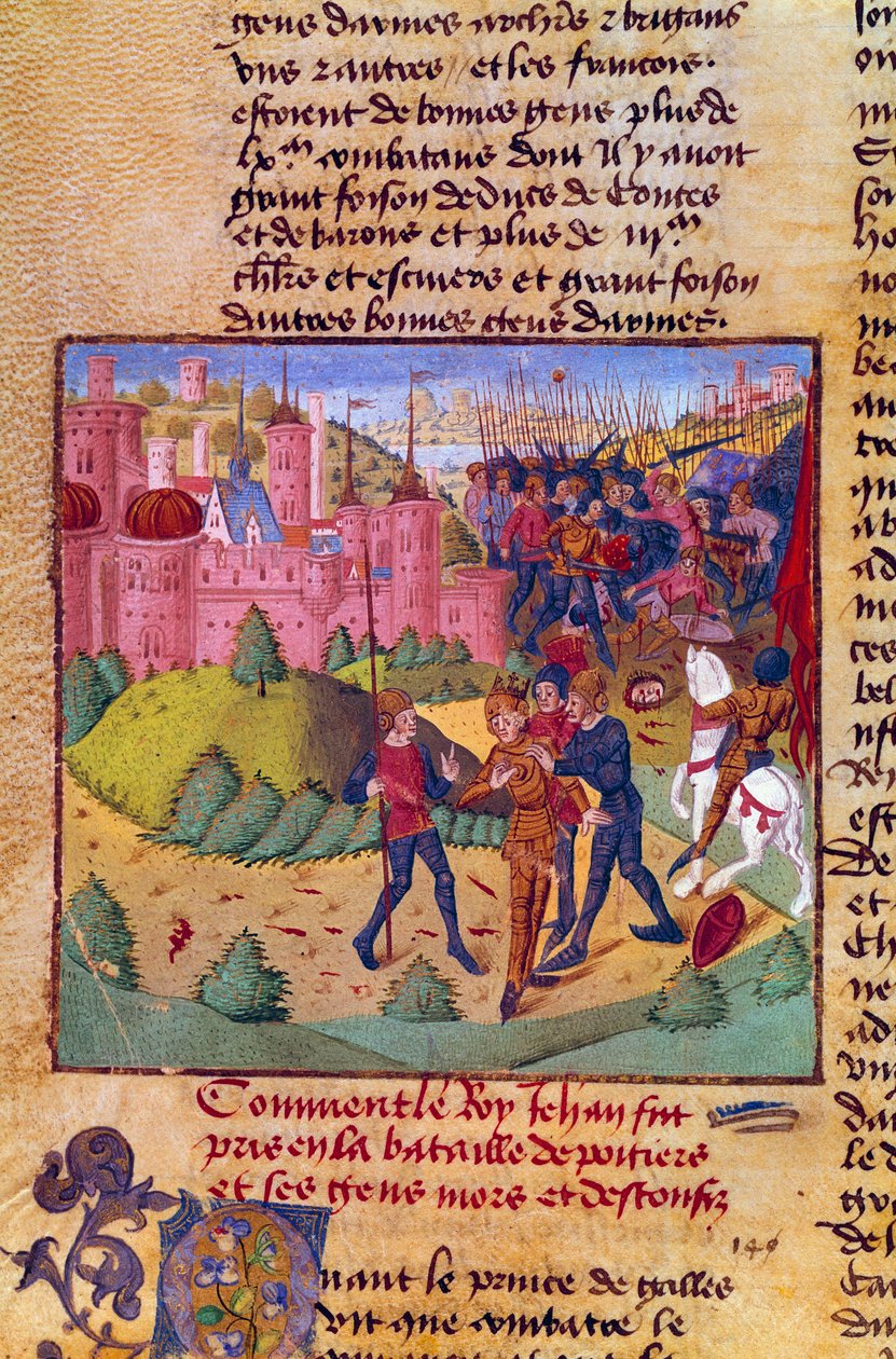 Guerra dos Cem Anos: "o rei de França João II o Bom (1319-1364) é feito prisioneiro pelos ingleses na batalha de Poitiers em 19/09/1356" Miniatura das Crónicas de Jean Froissart (1337-1400) Século XV Chantilly, Musee Conde de French School