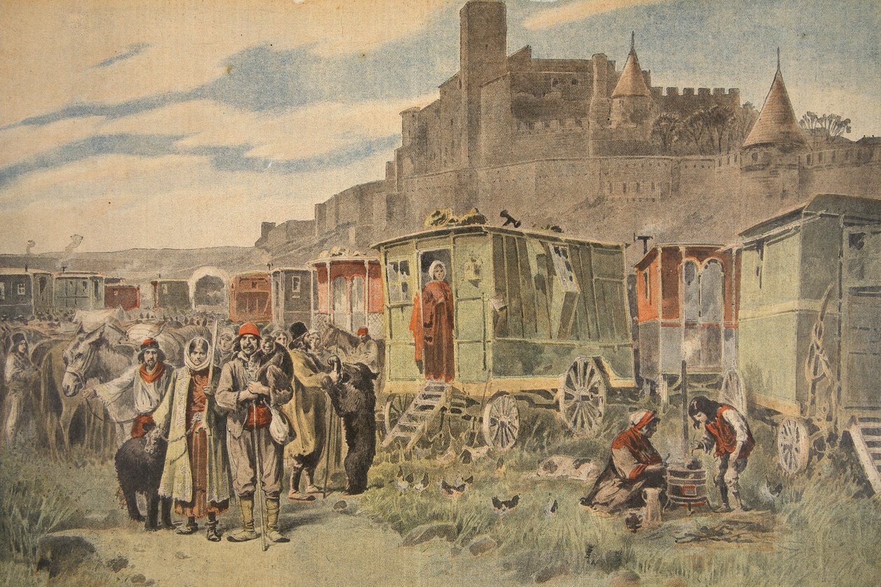 Ciganos húngaros fora de Carcassonne, ilustração do Le Petit Journal: Supplement illustre, 18 de dezembro de 1898 de French School