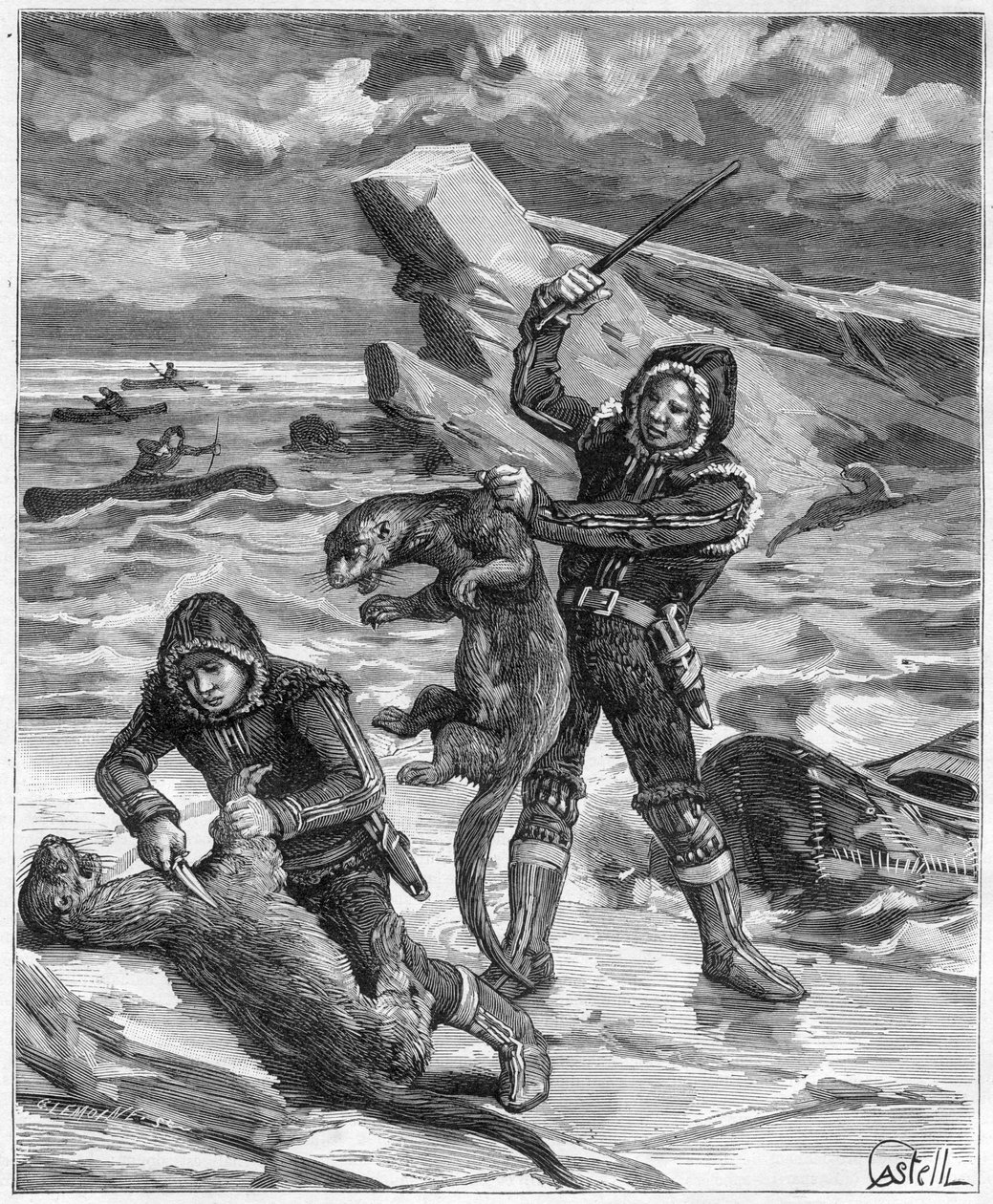 Hunter otters in Alaska - Hunter of the Alaska otters in 1888 - Gravura em "Journal des Voyages" 1888 de French School