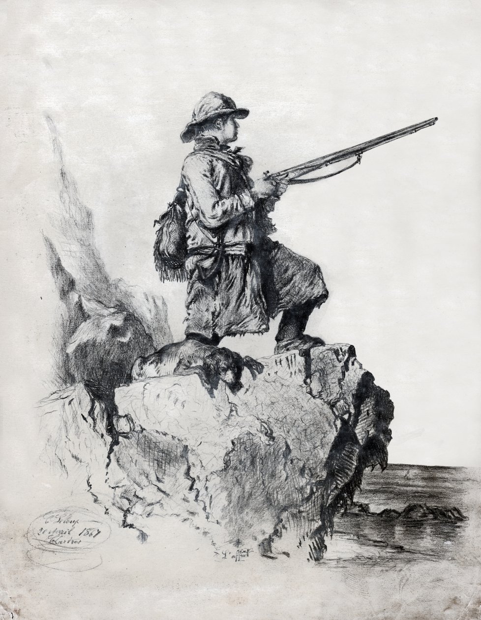 Caçador com o seu cão. (desenho de French School