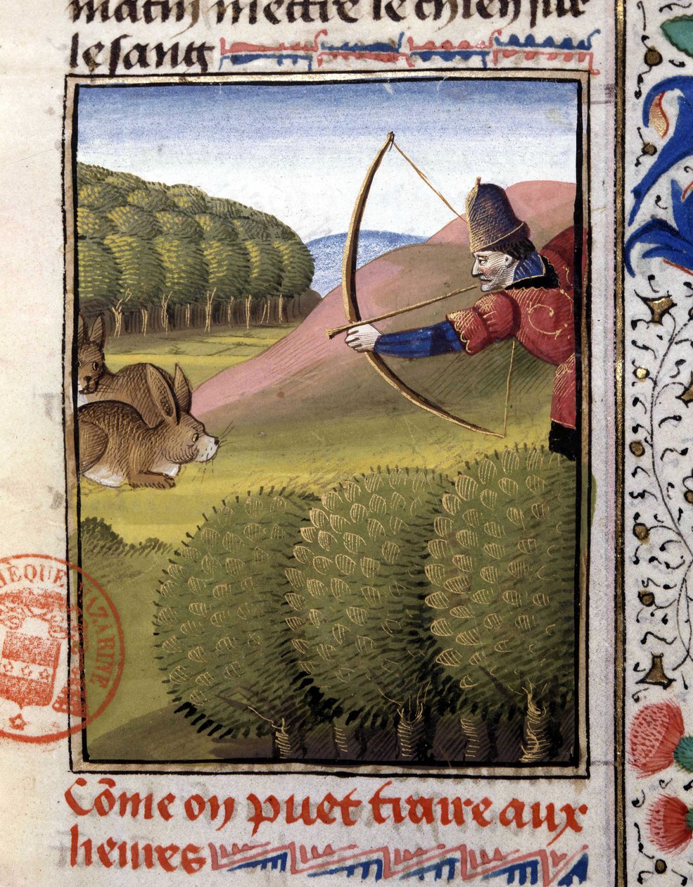 Caçando um arco: lebre - no "Livro de Caça de Gaston Phoebus, Conde de Foix, Senhor de Béarn". de French School