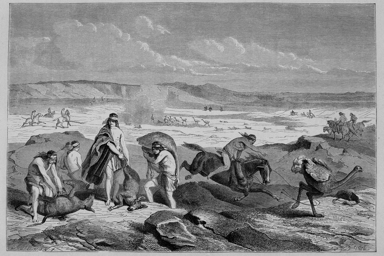 Caça ao guanaco (Lama selvagem) e ao nandou (ou avestruz patagônica) na Argentina - em "Tour du Monde", 2ª semana 1861 de French School