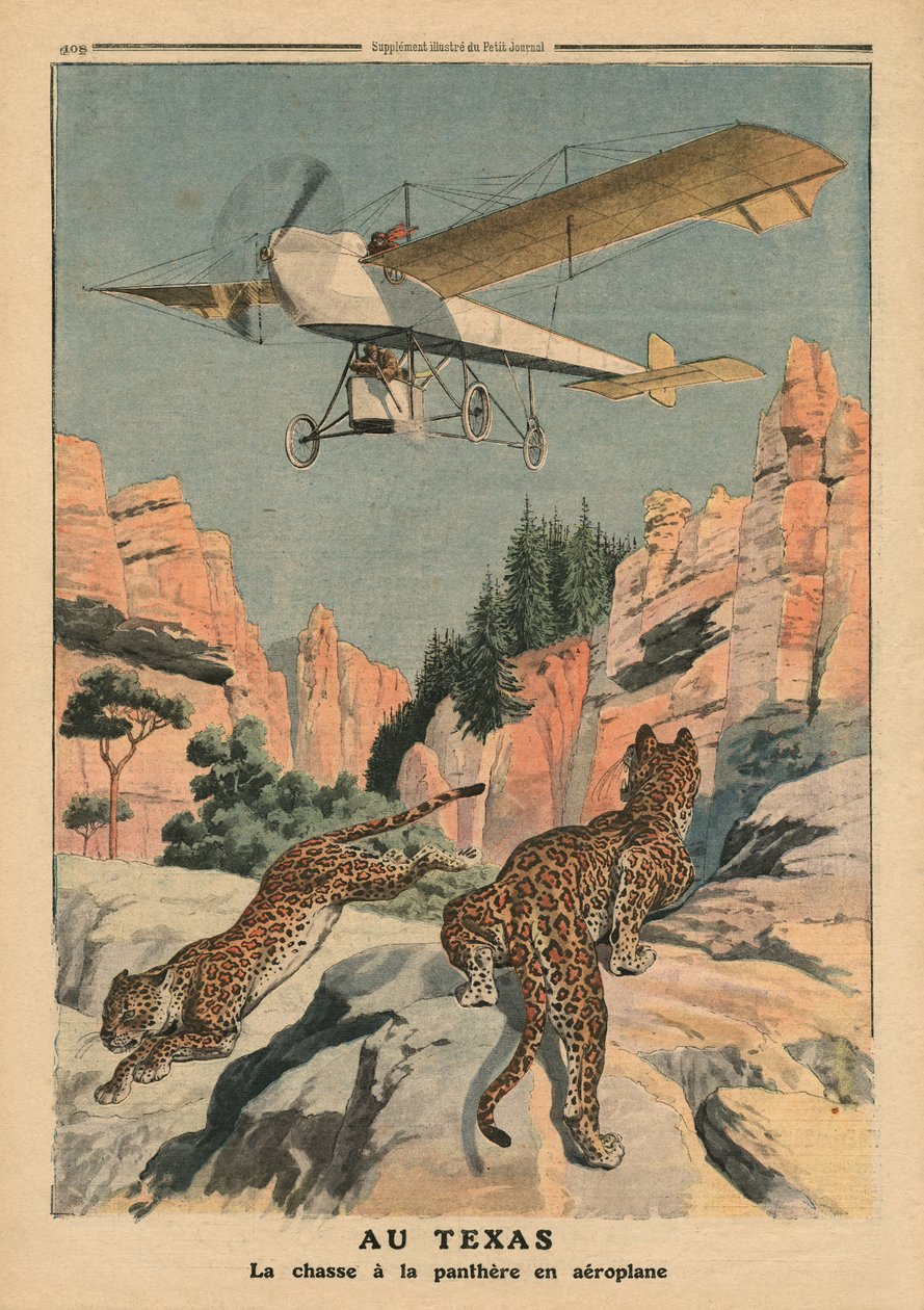 Panteras de caça de um avião no Texas, ilustração de &39;Le Petit Journal&39;, suplemento illustre, 17 de dezembro de 1911 de French School