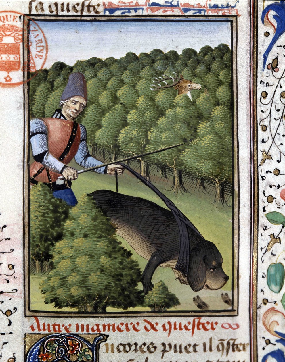 Cena de caça: um cão a seguir o veado (flair) - em "The Hunting Book of Gaston Phoebus, Count of Foix, Lord of Béarn". de French School
