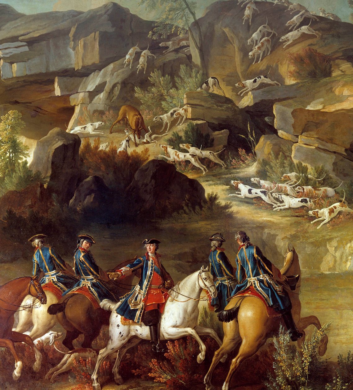 A cena da caça correu. Os cavaleiros estão a dirigir-se para a corça apreendida pelos cães. Detalhe de uma pintura anónima do século XVIII. Gien, Museu da Caça de French School