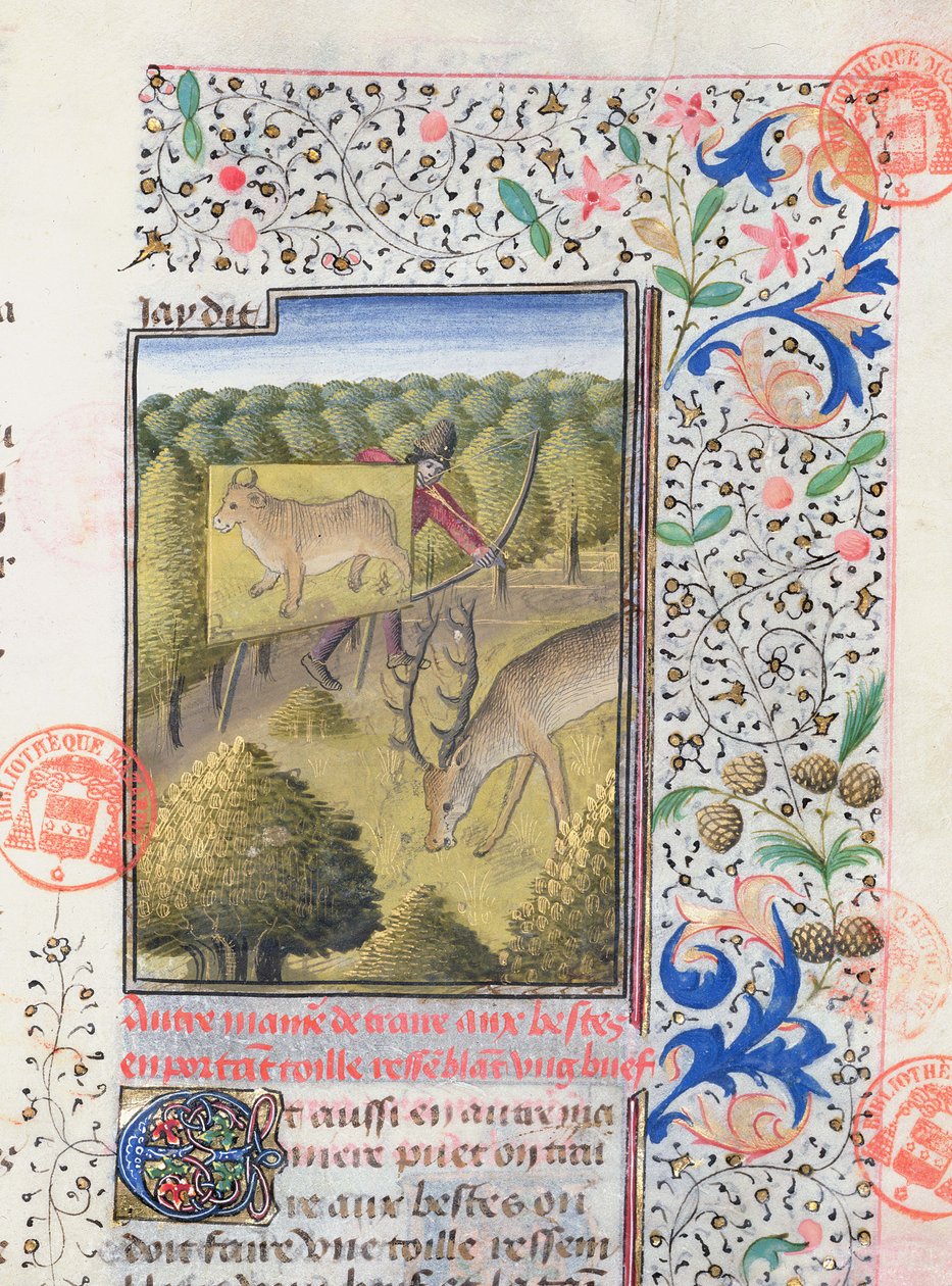 Caçador escondendo-se atrás de um chamariz enquanto caçava um cervo, do Livre de la Chasse por Gaston Phebus de Foix (1331-1391) de French School