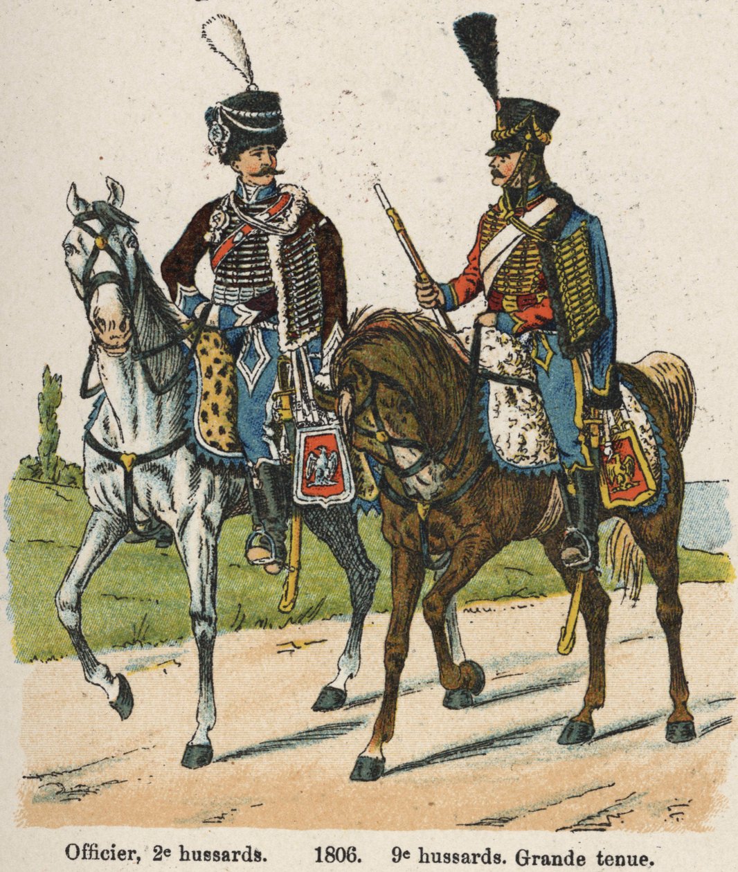 Hussardos 1ª Vendemiary An XII (24 de Setembro de 1803): Oficial, 2º hussardos e 9º hussardos em grande vestido em 1806. Prato do livro Les Uniforms de l