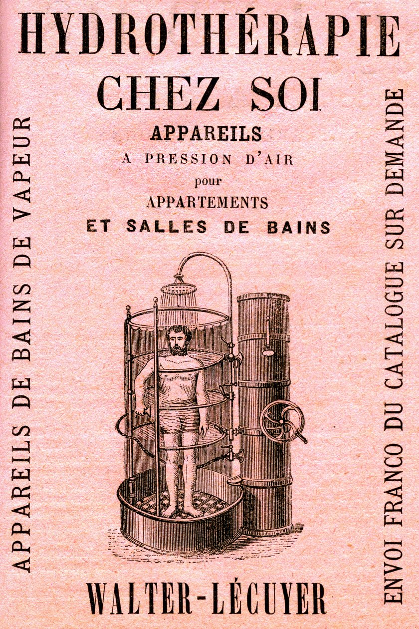 Hidroterapia em casa: aparelhos de pressão de ar para apartamentos e banheiros - chuveiro - higiene - limpeza - conforto moderno - água - publicite de French School