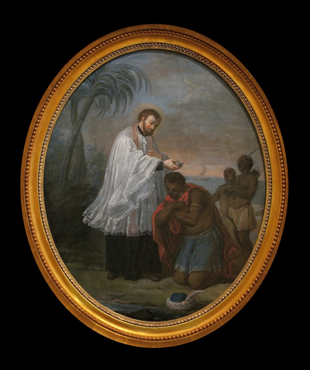 Eu baptizo um índio. O personagem que recebe o batismo não parece ser um ameríndio, ao contrário dos dois personagens do fundo. Esta pintura poderia ser uma alegoria da missão evangelizadora jesuíta em todos os continentes. No entanto, permite-nos evocar a de French School