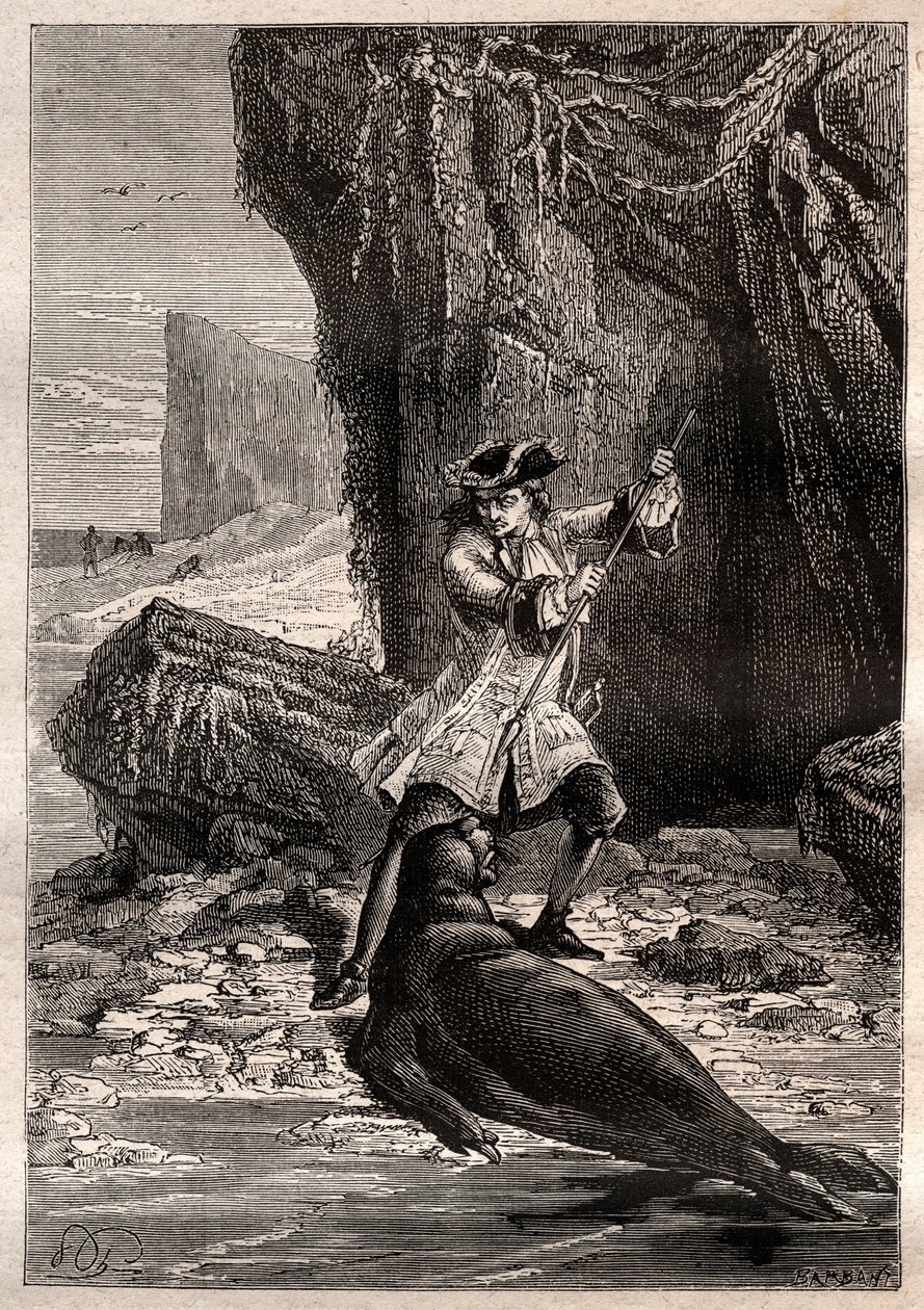 Enfiei-lhe a minha espada no peito: Woodes Rogers (1679-1732) atacado por um cão marinho (foca) numa das ilhas Galápagos no Oceano Pacífico em 1709 - ilustração tirada de "Os Grandes Marinheiros do século XVIII". de French School