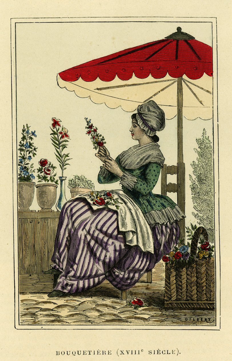 Traje do Ibex do século XVIII. Gravura a cores, em "France et les francais a travers les centuries" de Augustin Challamel, editor F.Roy, Paris 1882. Coleção Selva. de French School