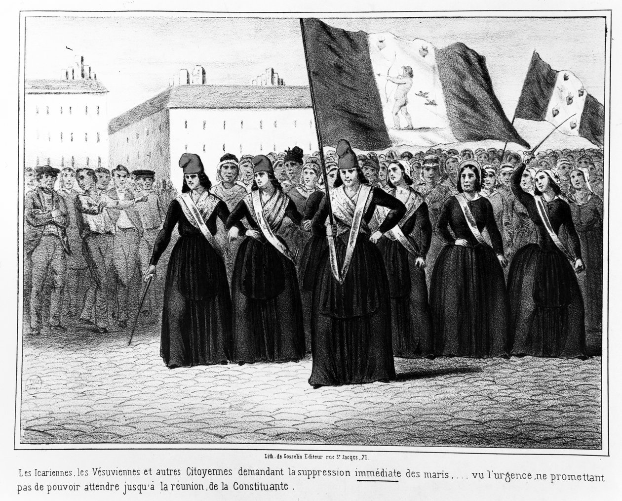 Icarians e Vesuvians que exigem a supressão imediata dos maridos, de uma série de caricaturas sobre os eventos durante a Revolução Francesa de 1848, publicada em Paris por Gosselin, 1848 de French School