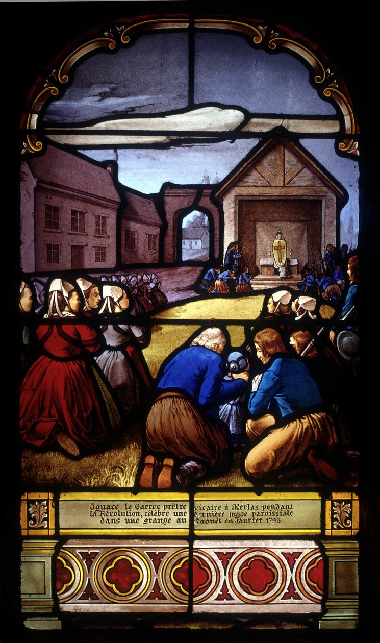 Ignace Le Garrec, vigário em Kerlaz durante a Revolução, celebra uma última missa paroquial num celeiro em Caouët, Janeiro de 1793 - vitral da igreja de Saint Germain em Kerlaz de French School
