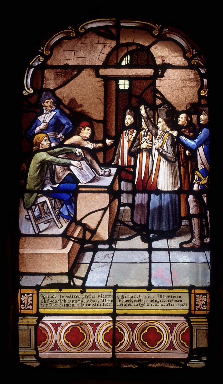 Ignace o Garrec, vigário sacerdote em Kerlaz, Padre Maximin Chelgoualch, Capuchinho, Le Gac, Alain Le Floch, sacerdotes refugiados, recusam-se a prestar juramento à consituição civil do clero e são presos de French School