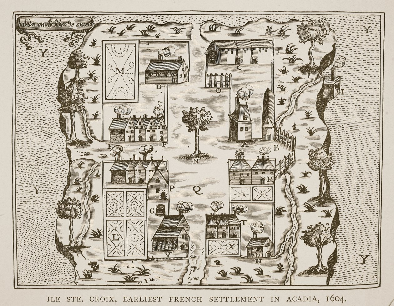 Ile Ste. Croix, o mais antigo assentamento francês em Acadia, 1604, de Voyages por Samuel de Champlain (c.1580-1635), 1613 de French School