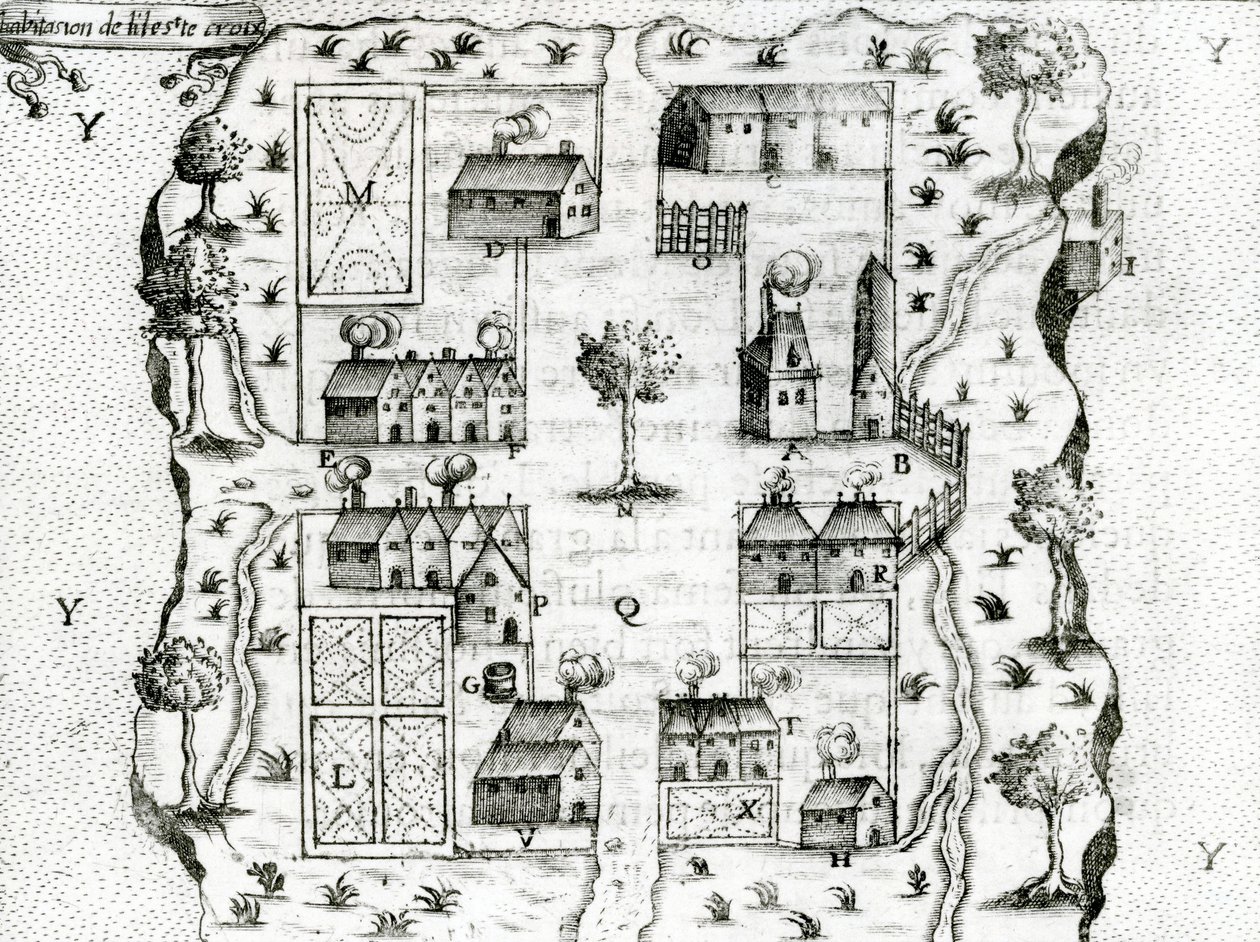 Ile Ste. Croix, o mais antigo assentamento francês em Acadia, 1604, de Voyages por Samuel de Champlain (c.1580-1635), 1613 de French School