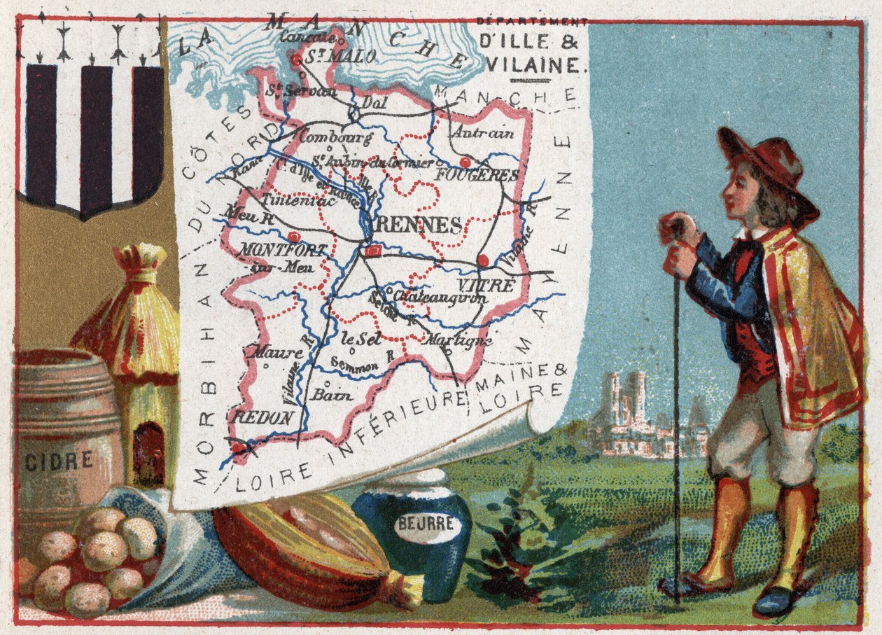 Ille-et-Vilaine (Ille et Vilaine, 35), Bretanha, França. Cidra e Manteiga. Série sobre os Departamentos franceses. Chromolitografia (Chromo) "o fio geográfico", cerca de 1920. Colecção privada. de French School