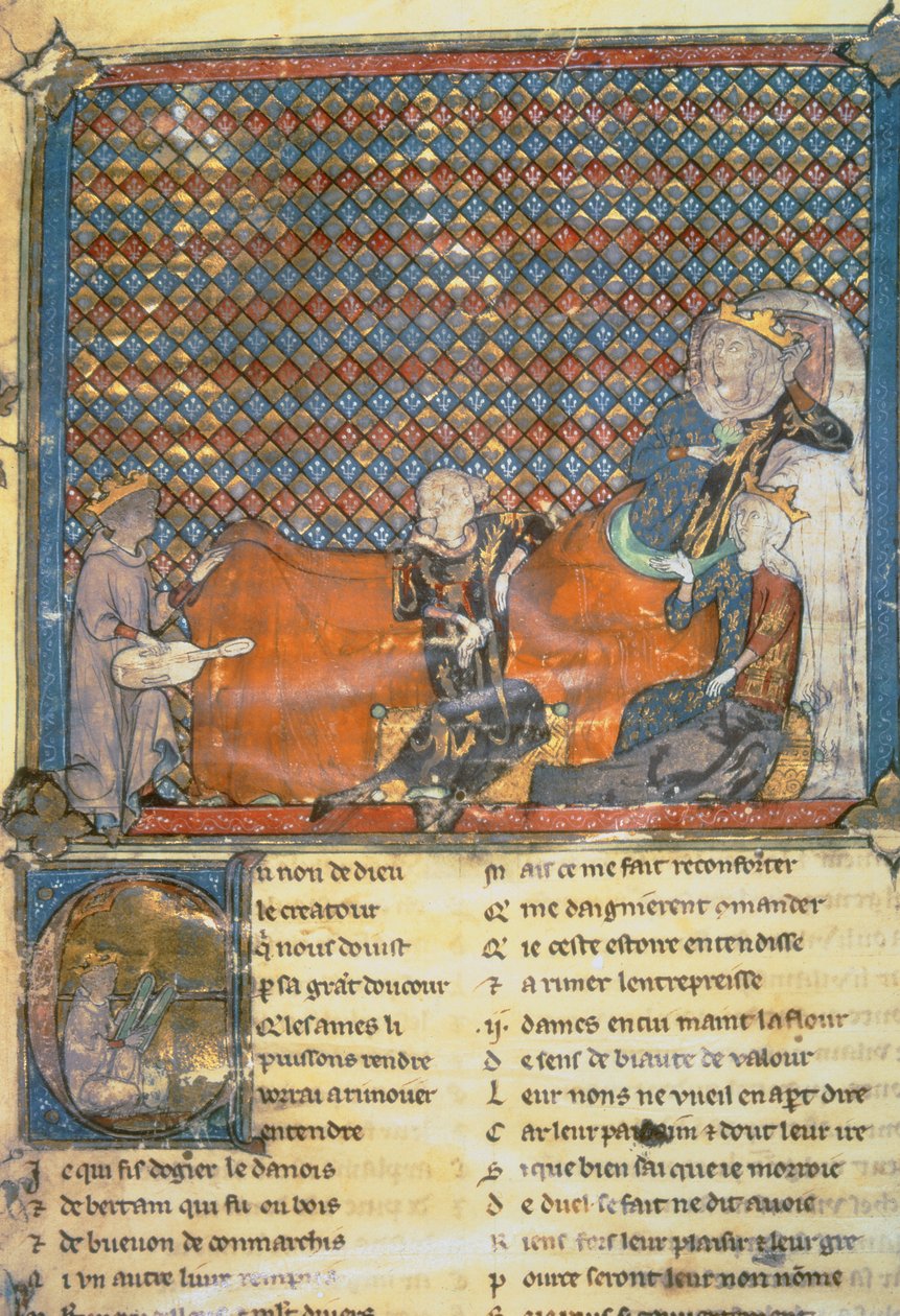 Página iluminada de uma antologia, mostrando da esquerda para a direita Adenet le Roi, um menestrel do duque Henrique; Conde Guy de Flandres; Marie, rainha da França e esposa de Philip the Bold (1342-1404); e Mada de French School