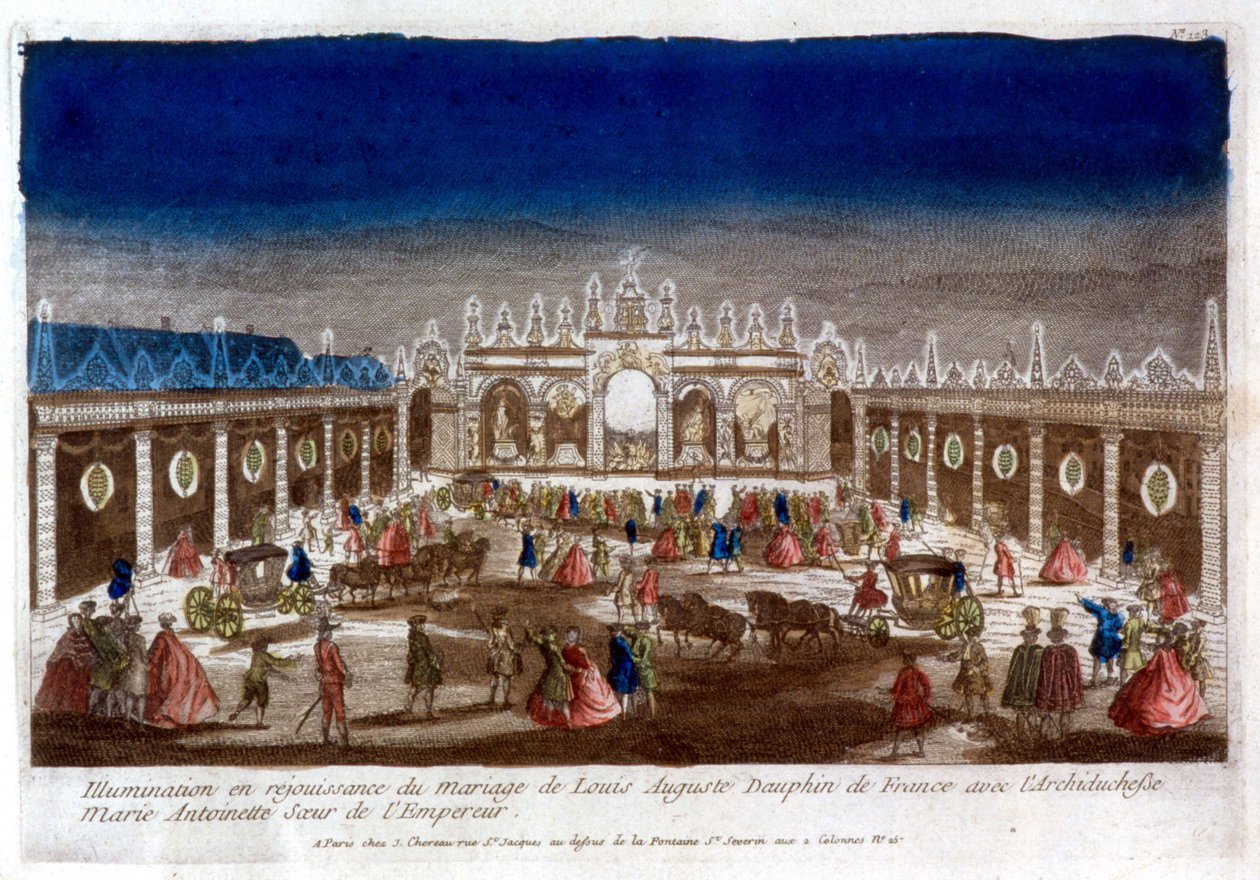 Iluminação em celebração do casamento de Luís Augusto, golfinho da França (Luís XVI), com a Arquiduquesa Maria Antonieta, irmã do Imperador - gravura de French School